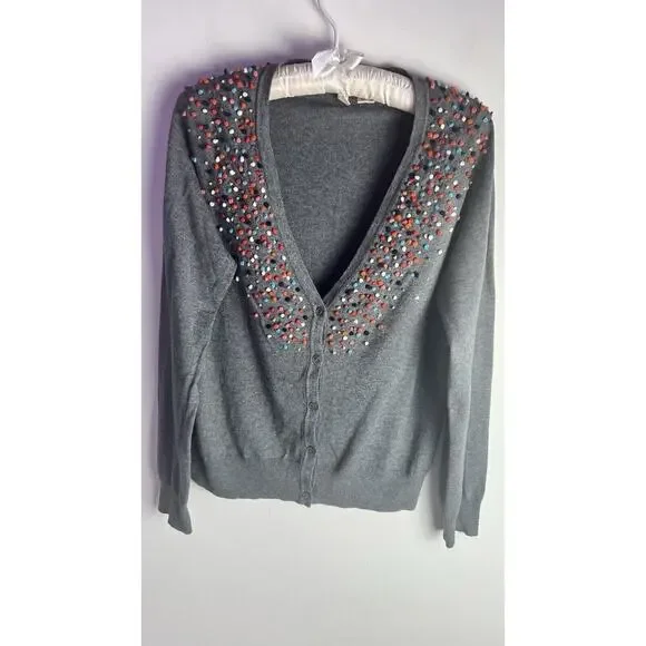Anthropologie Moth Pom Pom Confetti Grey Cardigan Cotton Cashmere Blend Small - Picture 2 of 11